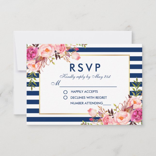Hochzeitsrost RSVP Floral Aquarell Pink Blaue Stre Karte (Vorderseite)