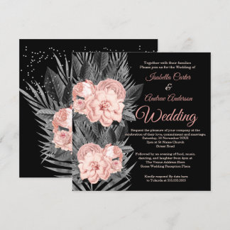 Hochzeitsrot Peach Charcoal Floral Black Einladung