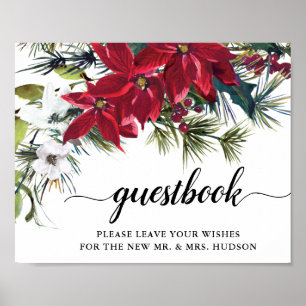 Hochzeitsroter Poinsettien-Blumen-Kiefer-Gästebuch Poster