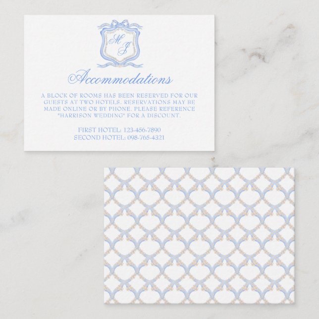Hochzeitssache des Blue Monogram Wappen Watercolor Begleitkarte (Vorne/Hinten)