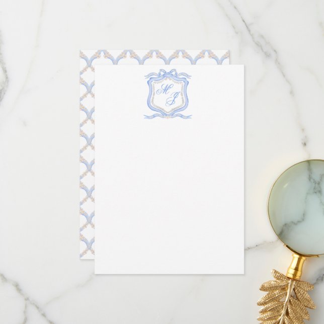 Hochzeitssache des Blue Monogram Wappen Watercolor Dankeskarte (Vorderseite/Rückseite Beispiel)