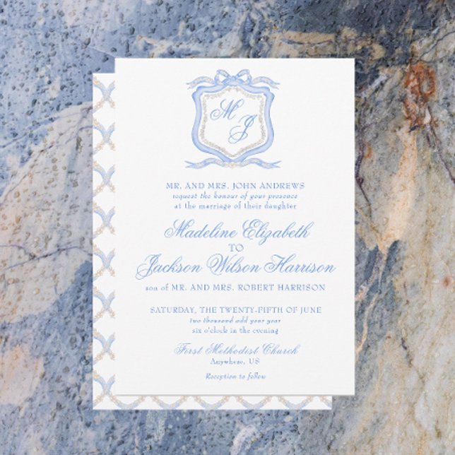 Hochzeitssache des Blue Monogram Wappen Watercolor Einladung (Celebrate your big day in style with the Watercolor Designer Blue Monogram Crest Wedding Invitation!)