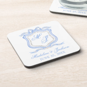 Hochzeitssache des Blue Monogram Wappen Watercolor Getränkeuntersetzer