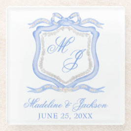 Hochzeitssache des Blue Monogram Wappen Watercolor Glasuntersetzer