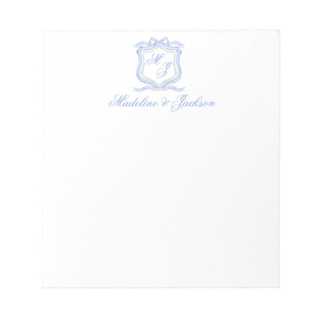Hochzeitssache des Blue Monogram Wappen Watercolor Notizblock (Vorderseite)