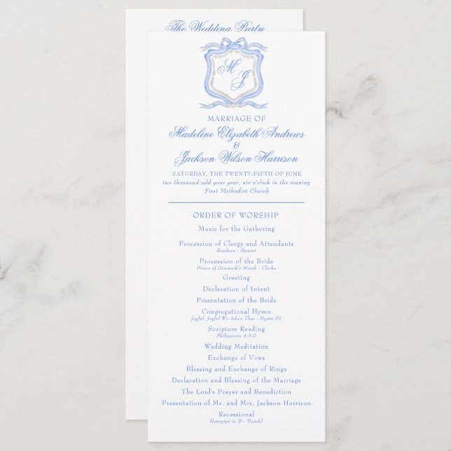 Hochzeitssache des Blue Monogram Wappen Watercolor Programm (Vorne/Hinten)