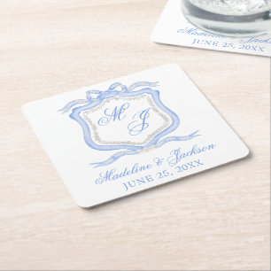 Hochzeitssache des Blue Monogram Wappen Watercolor Rechteckiger Pappuntersetzer