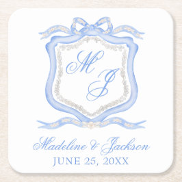 Hochzeitssache des Blue Monogram Wappen Watercolor Rechteckiger Pappuntersetzer