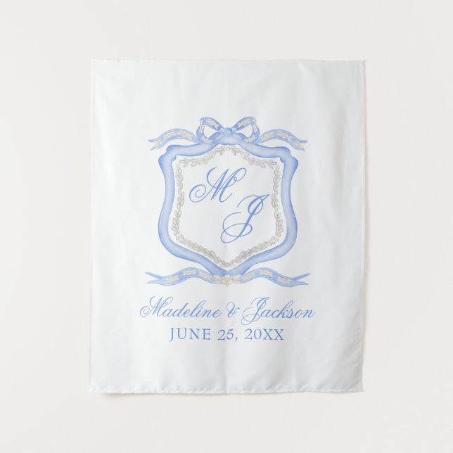 Hochzeitssache des Blue Monogram Wappen Watercolor Wandteppich (Vorderseite)