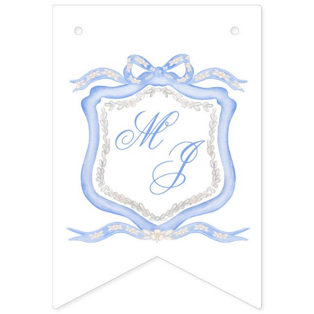 Hochzeitssache des Blue Monogram Wappen Watercolor Wimpelkette (Erste Fahne)