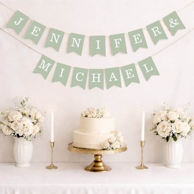 Hochzeitssage Green Simple Bride & Groom Names Wimpelkette (Von Creator hochgeladen)
