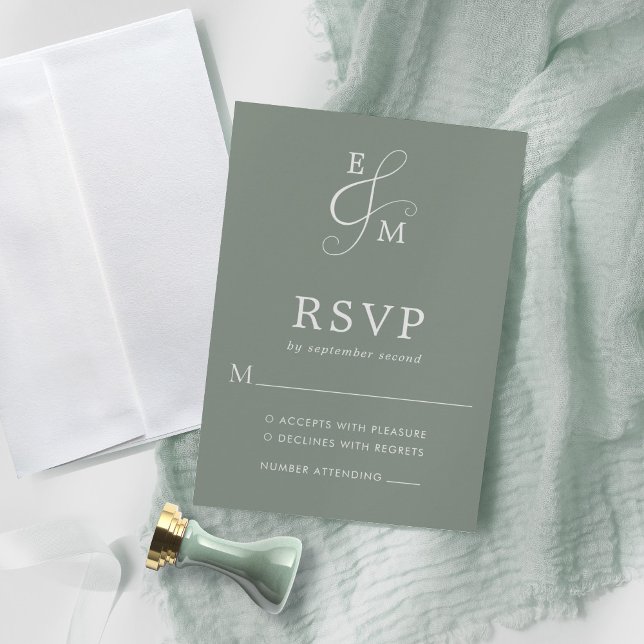 Hochzeitssage mit modernem Sage-Grün und Monogramm RSVP Karte (Von Creator hochgeladen)