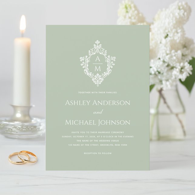 Hochzeitssage Wappen Grün Vintag elegant Monogramm Einladung (Von Creator hochgeladen)