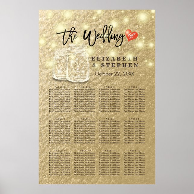 Hochzeitssatchenkarte Mason Jar String Lights Gold Poster (Vorne)