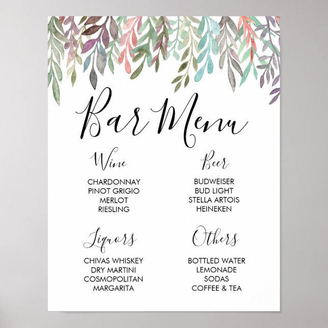 Hochzeitsschild – Bar-Menü-Wasserfarbe-Grünzeichen Poster (Vorne)
