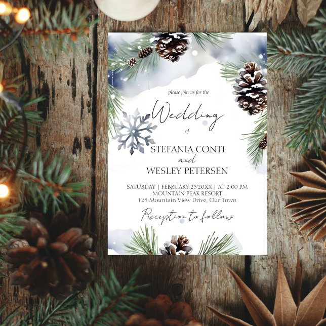 Hochzeitsschneebeete Wasserfarbenschneebeete Save The Date (Winter wedding watercolor snowy pines pine cones editable template invitation digital download)