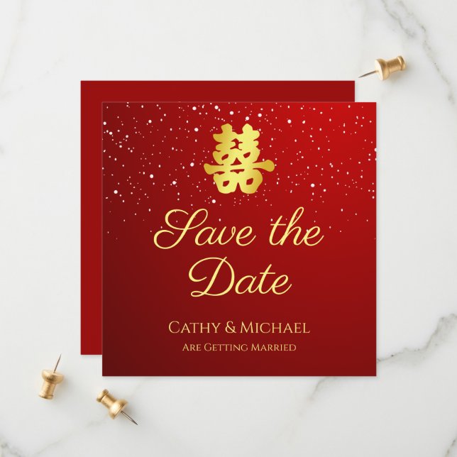 Hochzeitsschneeflocke in Rot-Chinesisch Save The Date (Vorderseite/Rückseite Beispiel)
