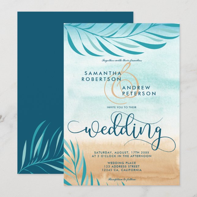 Hochzeitsschrift für tropische Palmen Einladung (Vorne/Hinten)