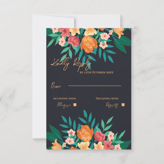 Hochzeitsschrift Gelb und Orange Floral RSVP Karte (Vorderseite)