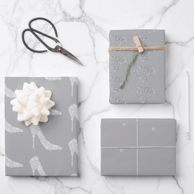 Hochzeitsschuhe mit grauem weißem Diamant Geschenkpapier Set (Vorderseite)