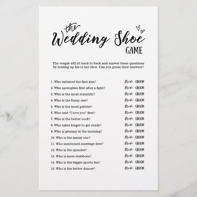 Hochzeitsschuhspiel für Hochzeit oder Brautparty (Vorderseite)
