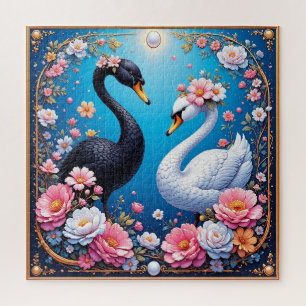 Hochzeitsschwäne, gerahmt mit Gold und Blüten Puzzle