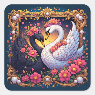 Hochzeitsschwäne, gerahmt mit Gold und Blüten Quadratischer Aufkleber