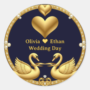 Hochzeitsschwanenkamm mit blauem Juwelenrahmen Runder Aufkleber