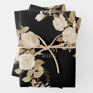 Hochzeitsschwarz-Monogramm-Rose Geschenkpapier Set