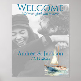 Hochzeitssegelboot Wasserfarbe Begrüßung Foto Poster
