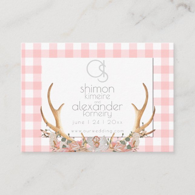 Hochzeitsseite | Monogram Coral Gingham Floral Visitenkarte (Vorderseite)