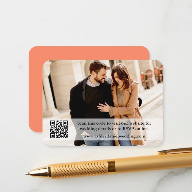 Hochzeitsseite QR Overlay Foto Coral Begleitkarte (Vorderseite/Rückseite Beispiel)