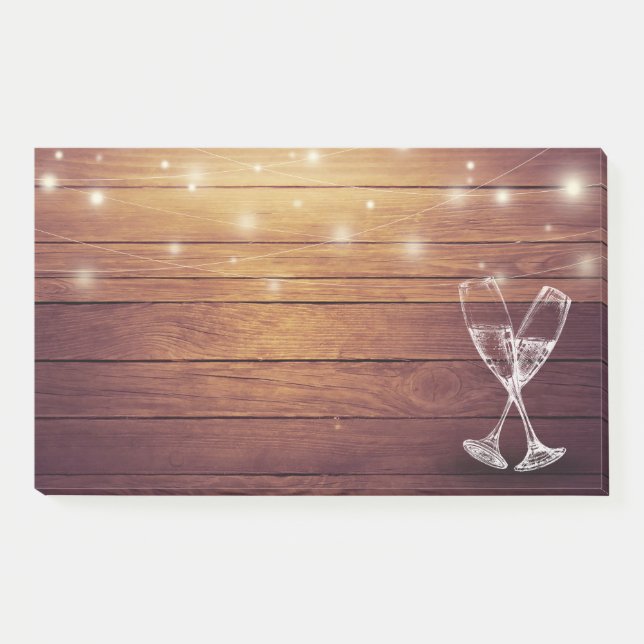 Hochzeitssekt Brille String Light Rustic Wood Post-it Klebezettel (Vorderseite)