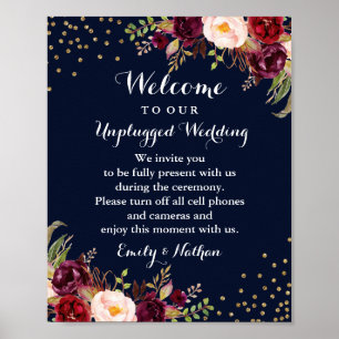 Hochzeitssigne der Marine Burgundy Gold Floral Poster