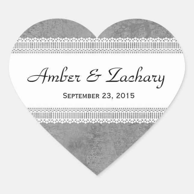 Hochzeitssilber und Weiß mit Spitzenband V17K1 Herz-Aufkleber (Vorderseite)