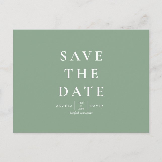 Hochzeitssimulation Modern Sage Save the Date Postkarte (Vorderseite)