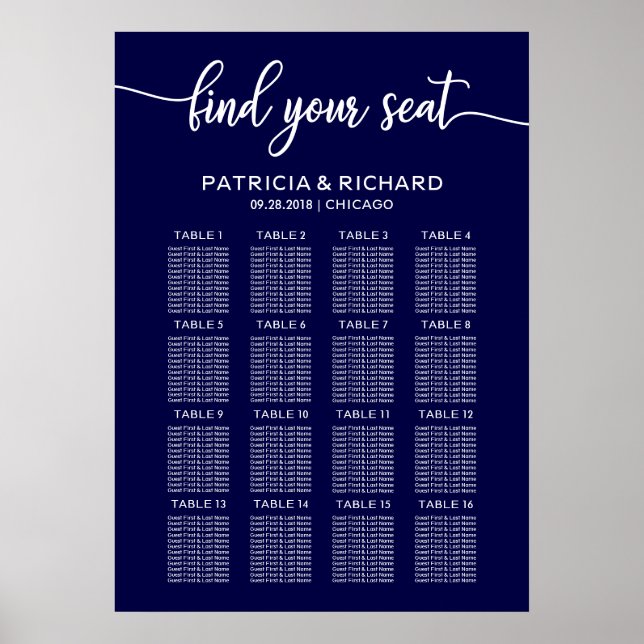 Hochzeitssitzdiagramm Signieren Chic Navy Blau Poster (Vorne)