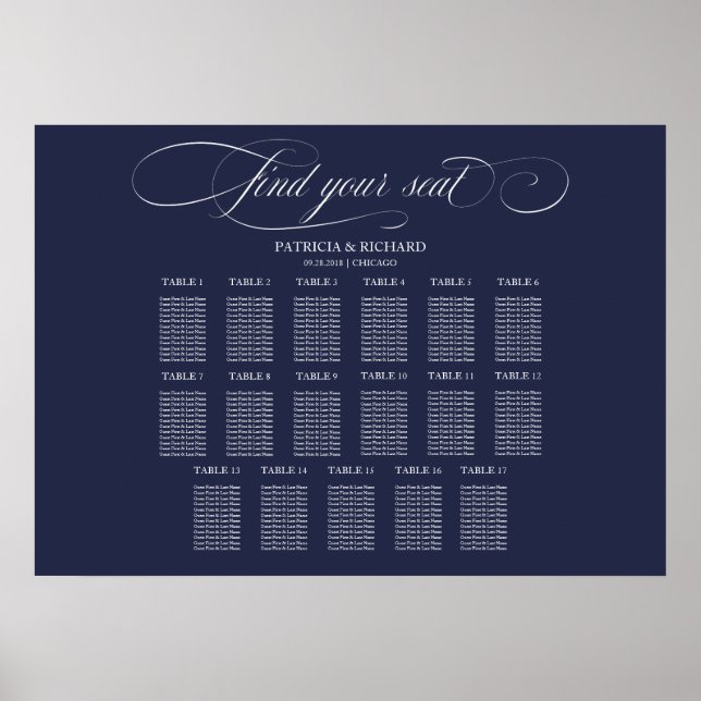 Hochzeitssitzdiagramm Zeichen 17 Tische Navy Blue Poster (Vorne)