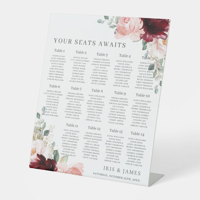 Hochzeitssitze in Burgund Blush Sockelschild (Vorderseite)