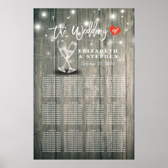 Hochzeitssitzkarte Champagner Brille Wood Light Poster (Vorne)