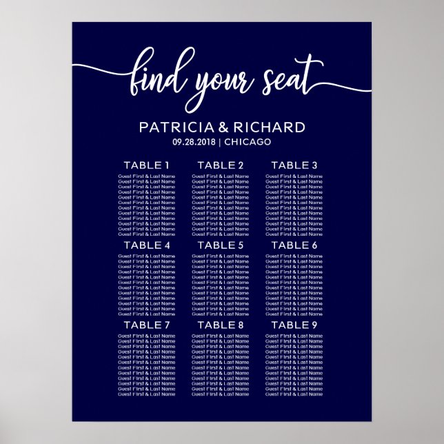 Hochzeitssitzkarte Chic Calligraphy Navy Blue Poster (Vorne)