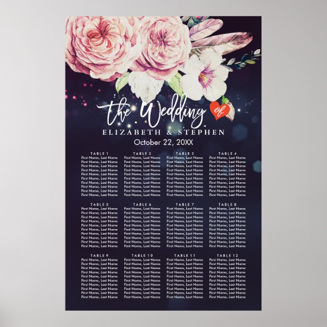 Hochzeitssitzkarte mit Blumenmuster Lila Leuchten Poster (Vorne)