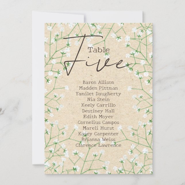Hochzeitssitzplan für die Gypsophila-Tischnummer 5 Einladung (Vorderseite)