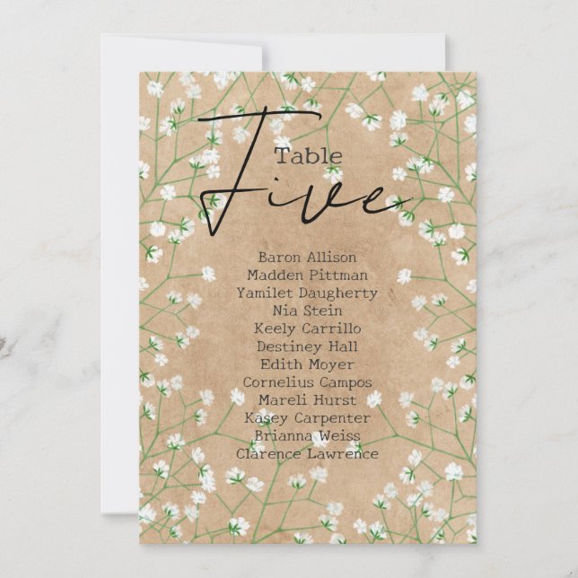 Hochzeitssitzplan für die Gypsophila-Tischnummer 5 Einladung (Vorderseite)