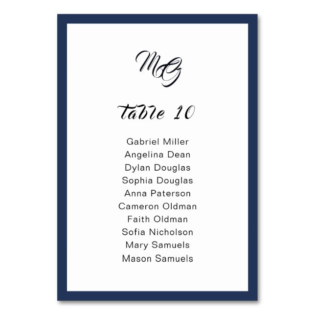 Hochzeitssitzplan für Navy-Blue-Frame-Singles Tischnummer (Vorderseite)