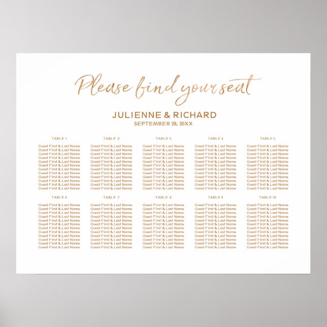 Hochzeitssitzplan-Rose Gold Letting Sign Poster (Vorne)