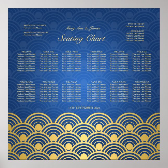 Hochzeitsskartentabelle in Blau Gold skaliert Poster (Vorne)