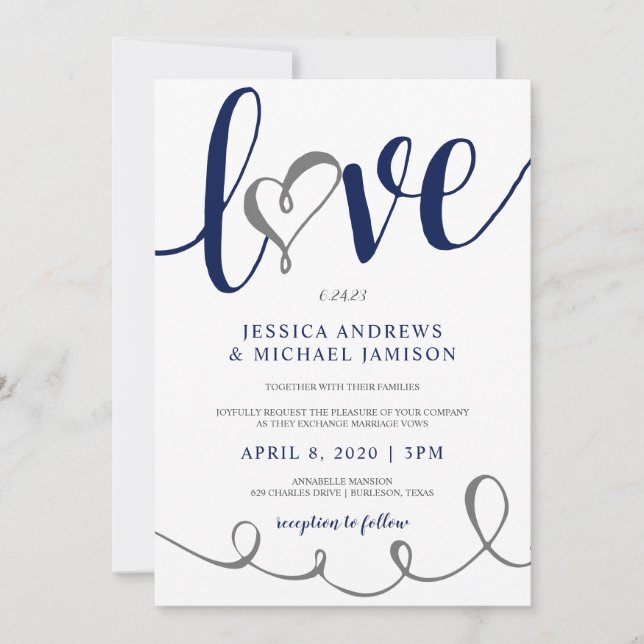 Hochzeitsskript Liebe Navy Blue & Gray Heart Einladung (Vorderseite)