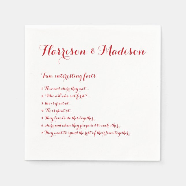Hochzeitsskript-Namen Couple Fun Facts Papier Serviette (Vorderseite)