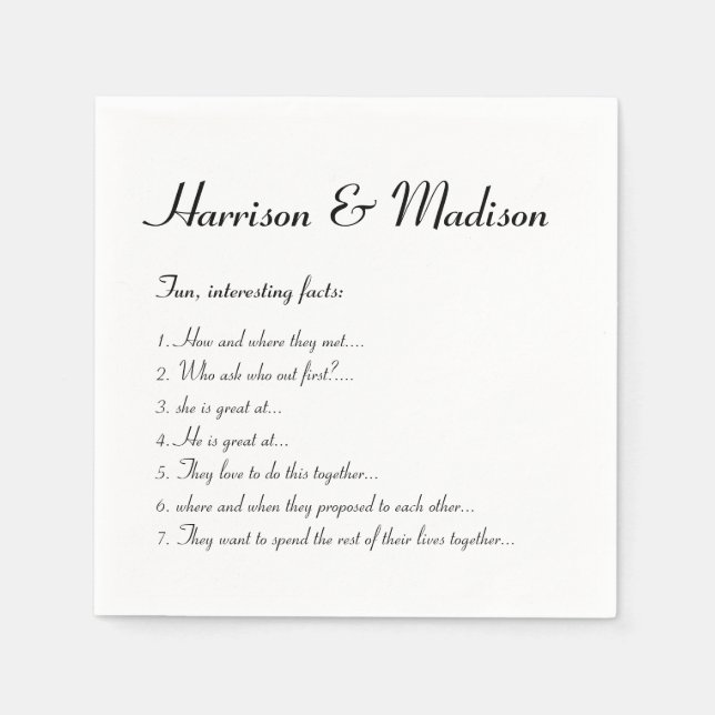 Hochzeitsskript-Namen Couple Fun Facts Papier Serviette (Vorderseite)